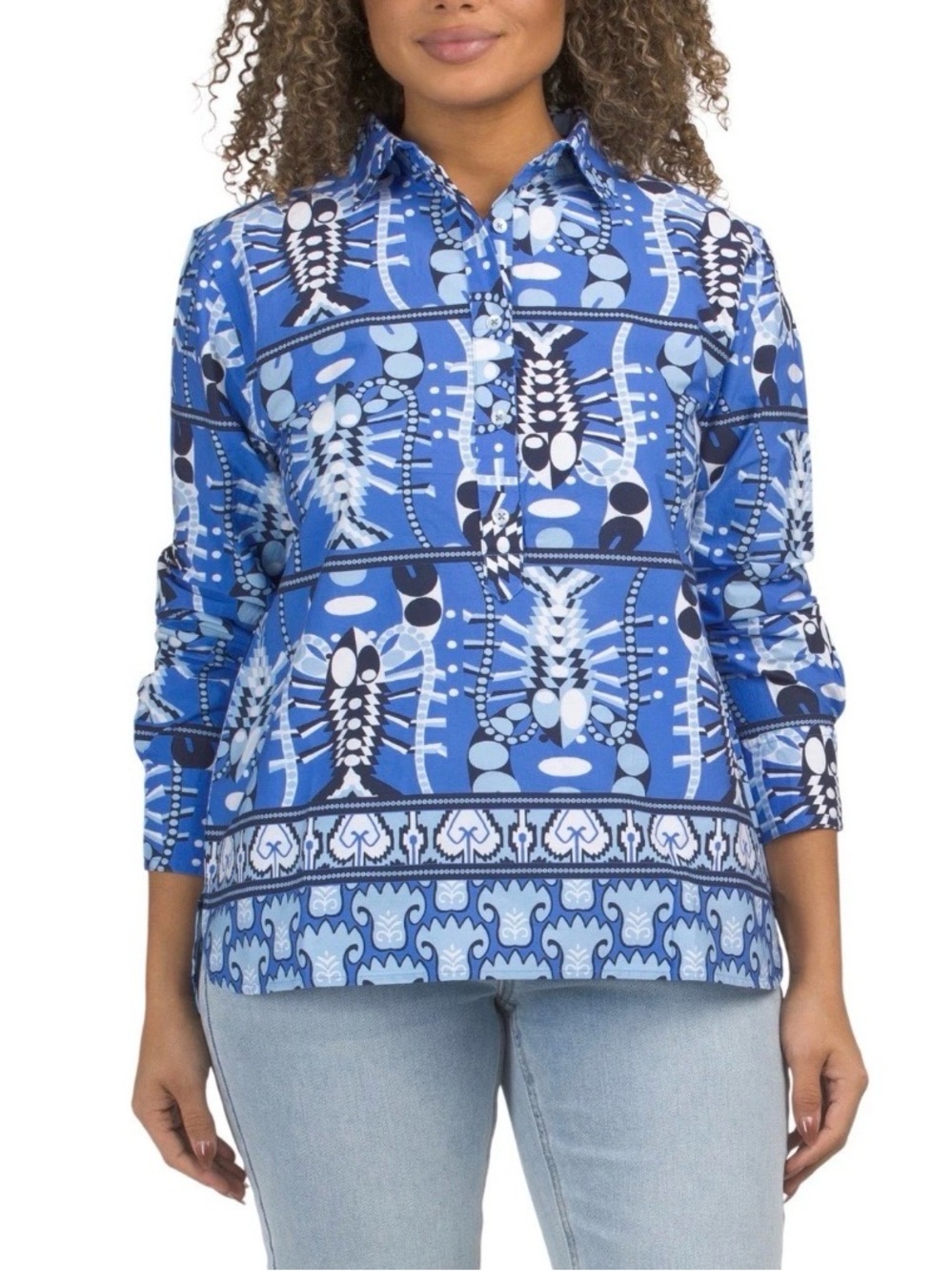Jude Connally Pru Stretch Poplin Top L Seaside Catch Sapphire Lobster Coastal